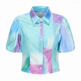 Women's Blouses Women Tie Dyed Printed Shirt Summer 2023 Fashion Puff Sleeve Blouse Modern Girl Cropped Top Clothing