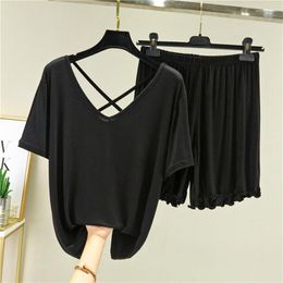 Women's Sleepwear Sexy Pijamas Women Basic Tshirt Korean Clothes Solid Colour Knitted Top Stretch Backless Summer Ladies Pyjama Set