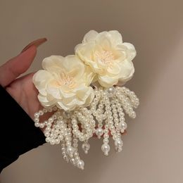 2022 New Bohemian White Pink Big Cloth Flower Earrings For Women Statement Jewellery Handmade Pearl Bowknot Tassel Pendientes
