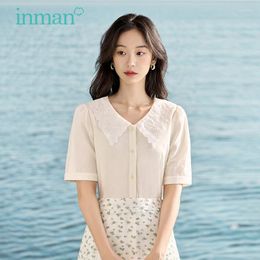 Women's Blouses INMAN Women Blouse 2023 Summer Short Sleeve Organza Chiffon Double Layered Collar Shirts Comfort Loose Beige Tops