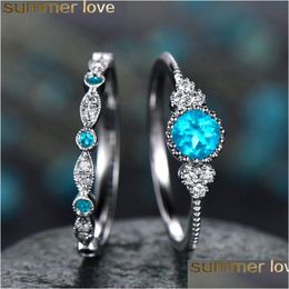 Rings Fashion Finger Set Cz Rhinestone Engagement Ring Elegant Temperament Jewelry Sier Plated Green Blue Pink Purple Drop De Dhf94