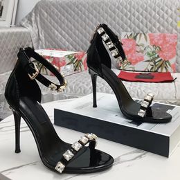 Summer 23S/S Brand Polished Calfskin Sandals Shoes Women Patent Leather Rhinestones Studs Party Wedding Dress Lady High Heels EU35-43