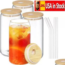 Mugs Us Stock 16Oz Sublimation Glass Can Glasses Beer Tumbler Frosted Drinking With Bamboo Lid And Reusable St Drop Delivery Home Ga Dhncv