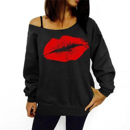 Women's Hoodies & Sweatshirts Autumn Plus Size Women Sexy Red Big Lips Printed Off Shoulder Long Sleeve Harajuku Pullovers Hoodie