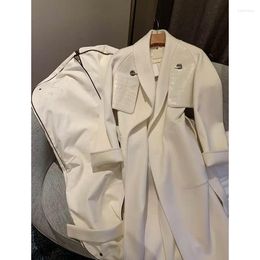 Women's Wool White Woollen Coat For Women 2023 Spring Autumn Loose Thick Cashmere Overcoat French Chic Stitching Leather Long Jacket