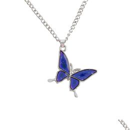 Pendant Necklaces Fashion Blue Butterfly Temperature Sensing Necklace Bracelet Link Chain For Women Girls Jewelry Drop Delivery Penda Dh2Pz