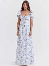 New In Blue Print Cute Puff Sleeve Maxi Dress With Pockets Garden Prom Clothing Elegant Party Dresses For Women 2023