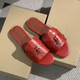 Loro Piano Mules Slides Charms Ostrich Slippers Summer Sandals Red Genuine Leather Open Toe Flat Heels Womens Luxury Designers Fashion Bottoms Casual Shoes with Box