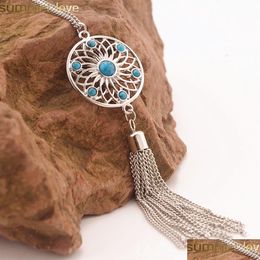 Pendant Necklaces Fashion Boho Dream Catcher Hollow Net Tassel Long Dangle Sweater Turquoise Bead Necklace For Women Jewellery Drop De Dhxv5