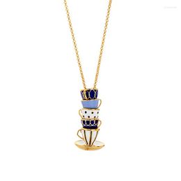 Pendant Necklaces Blue White Colour Enamel Tea Cup Teapot Long Chain Necklace Design For Women Jewellery