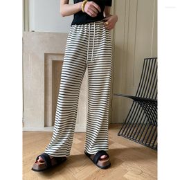 Women's Pants 2023 Spring Loose Wide-Leg Striped Women's Elastic Waist And Pockets Comfortable Full Length Casual Trousers