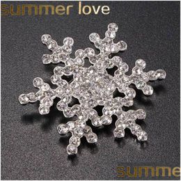 Pins Brooches Crystal Snow Flower Brooch Pin Charm Women Gem Pendant Rhinestone Big Snowflake Winter Theme Christmas Wholesale Drop Dhkey