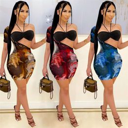 Casual Dresses Off Shoulder Single Short Sleeve Print Pencil Dress Halter Lace-up Tnak Tube Tops Women 2 Pieces Sets Club Streetwear