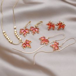 Korea New Fashion Jewellery 14K Gold plated Orange Zircon Maple Leaf Pendant Earrings Necklace Elegant Women's Party Accessories