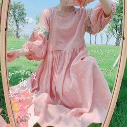 Casual Dresses Cottagecore Mori Girl Embroidered Ramie N Dress Lantern Sleeve Round Neck Loose Wide Long Summer Robes Femme For Women