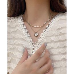 Pendant Necklaces White Heart-shaped Inlaid Choker Golden Chain Pearl Beads Stacked For Women Girls 2023 Trend Party Gift