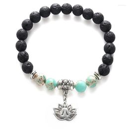 Strand Charms Lotus Volcanic Lava Stone Beaded Prayer Bracelets For Women Men Jewelry Fashion Elastic Boho Yoga Chakra Bracelet