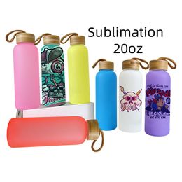 Sublimation Blank Glass Water Bottles 20oz Frosted Glass Juice Cup Colourful Travel Tumblers with Bamboo Lid 600ml