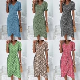 Casual Dresses 2023 Summer Women's Elegant V -neck Printing Bubble Sleeves Irregularly Swing Skirt Dress