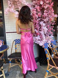 2022 Summer Silk Satin Vacation Long Dress Halter Cut Out Backless Maxi Dress Women Fashion Beach Outfits Clothing