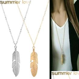 Pendant Necklaces Simple Classic Feather Long Sweater Chain Statement Jewelry Choker Necklace For Women Girls Drop Delivery Pendants Dh8Hx