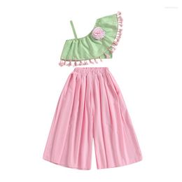 Clothing Sets FOCUSNORM 1-7Y Fashion Little Girls Summer Clothes One Shoulder Plaid Flowers Print Tassel T Shirts Wide Leg Pants