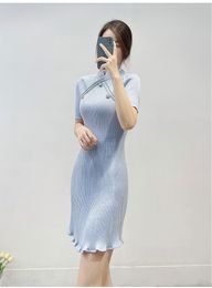 Casual Dresses S-elf Portrait Cheongsam Collar Rhinestone Blue Knit Dress Wrapped Hip Skirt