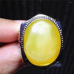 Cluster Rings Natural Yellow Amber Gemstone Adjustable Ring 925 Sterling Silver 22x17mm Women Big Oval Bead Healing Stone