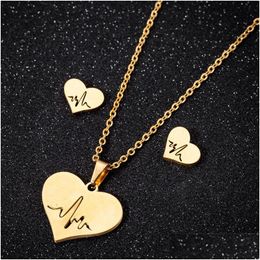 Earrings Necklace Stainless Steel Love Heart Women Gold Heartbeat Stud Jewellery Sets For Girls Wedding Drop Delivery Dhpst