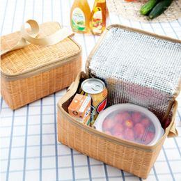 Dinnerware Sets Outdoors Portable Camping Picnic Bags Imitation Rattan Bag Insulated Thermal Cooler Basket Lunch Storage Box