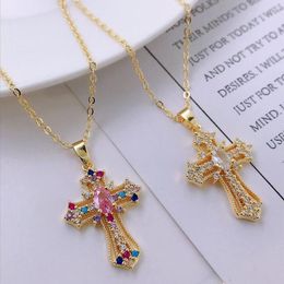 Pendant Necklaces CottvoDainty Colourful Zircon Crystal Gold Plated Cross Necklace Womens Simple Stainless Steel Clavicle Chain Jewellery