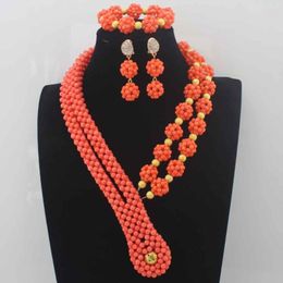 Necklace Earrings Set 2023 Genuine Coral Beads Jewelry Nigerian Wedding African Orange Designs W13940
