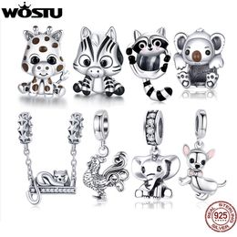 WOSTU 925 Sterling Silver Animal Charms Giraffe Zebra Unicorn Beads for Women Fit Original Bracelets Necklace DIY Jewellery Making