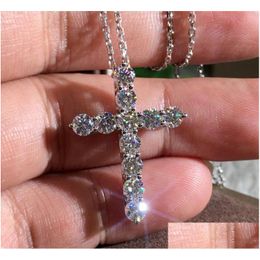 Pendant Necklaces 925 Sterling Sier Fl Round Cut White Topaz Cz Diamond Cross Party Women Clavicle Necklace Gift Drop Delivery Jewel Dhu9U