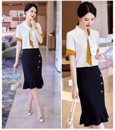 Women's Blouses Fashion Summer Women & Shirts White Short Sleeve Ladies 2 Piece Skirt And Top Sets Female Work Clothes