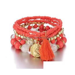 Charm Bracelets Tassel Fashion Beauty Head Coin Rice Beads Beaded Bangles Women Gifts Colorf Gold Metal Mtilayer Elastic Stretchy Je Dhgxq