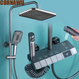 Bathroom Shower Sets LED Digital Shower Set Bathroom Hot Cold Mixer Shower System Wall Mount SPA Rainfall Bath Faucet Modern Square Head Rain Grifos G230525