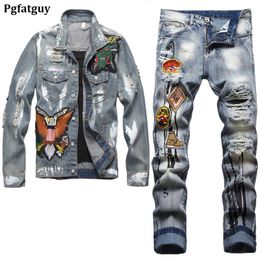 Embroidered Badge Mens Denim Jacket Jeans Retro Blue Hole Ripped Long Sleeve Coat and Stretch Pants 2pcs Set Slim Fit Streetwear