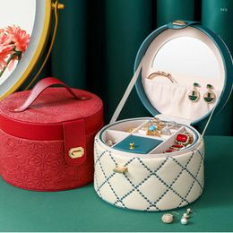 Cosmetic Bags High Quality Round Jewellery Box Leather Large Capacity Travel Case Boxes Button Portable Storage Zipper Jewellers Joyero