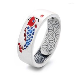 Cluster Rings 822FJ ZFSILVER Silver S990 Fashion Luxury Trendy Adjustable Retro Red Colour Enamel Carp Fish Ring For Girl Women Wedding