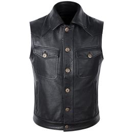 Men's Vests 2023 Black Motorcycle Biker Leather Vest Men Genuine Slim Sleeveless Jackets REAL Cowhide High Quality