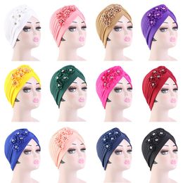 Fashion Rhinestoned Flower Ruffle Turban Cap for Women Muslim Head Wrap New African Hat Hair Cover Ladies Bandana Party Wedding