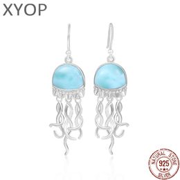 925 Sterling Silver Jewellery Gifts Sea Life Jellyfish Women Earring Natural Precious Larimar Retro Charm Rhodium Plated Eardrop