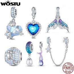 WOSTU 925 Sterling Sivler Ocean World Turtle Beads Shell Safety Chain Heart Rainbow Crystal Charms Fit DIY Bracelet Necklace