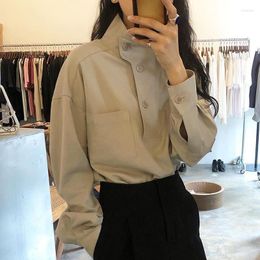 Women's Blouses A Women Simply Mandarin Collar Solid Single Breasted Shirts Office Lady Blouse Roupas Chic Chemise Long Sleeve Tops