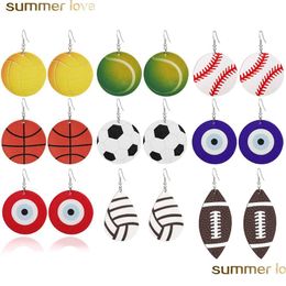 Charm New Sports Round Leather Earrings Football Basketball Vollyball Evil Blue Eye Light Weight Ball Dangle Earring For Women Drop Dhwec