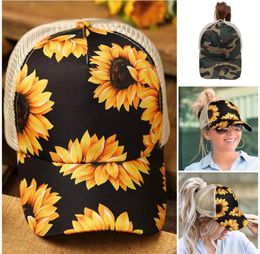 Party Hats 60 Styles High Messy Buns Trucker Ponycap Hat Hallow Out Sunflower Mesh Cross Baseball Hat Women Sunflower Baseball Ponytail Hat Q116