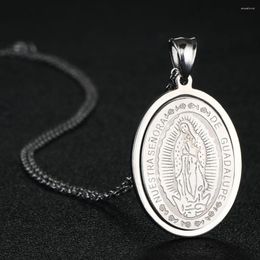 Pendant Necklaces Silver Color Stainless Steel Link Chain Wheat Virgin Mary Oval Piece Pendants Jewelry Women Accessory NC039
