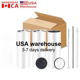 US CA STOCK 25Pack 20oz Mugs Sublimation Blanks Straight Tumblers Double Wall Insulated Slim Water Bottles with Lid and Straw bb0526