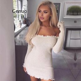 Casual Dresses Women Off The Shoulder Mini Pencil Dress Long Sleeve Solid Colour Sexy Bodycon Knit Slim Maxi Sweater Going Out Outfits